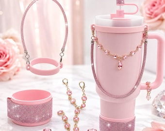 Bling Stanley Cup Accessories Set for 40oz Tumbler, Rhinestone Cup Charm Kit, Pink Crystal Handle Chain, Coquette Tumbler Decor
