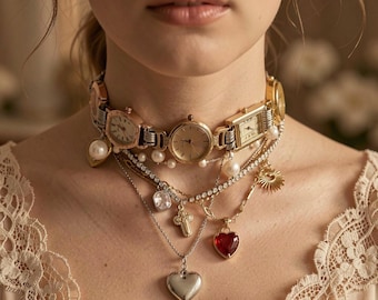 Vintage Timekeeper Layered Choker Necklace / Clockwork Romantic Necklace