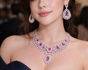 Luxury Swarovski Emerald Jewelry Set Necklace Earrings, Pink Crystal Bridal Set, Statement Wedding Jewelry, Pearl Rhinestone Necklace Set