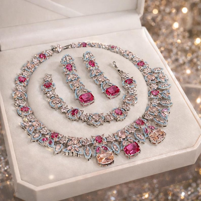 Conjunto de joyas de lujo con cristales Swarovski: collar, pendientes y pulsera. Conjunto de joyas nupciales para bodas. Joyas de noche llamativas. Pink Ice