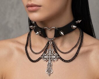 Gothic Cross Choker Necklace, Spiked Leather Collar, Punk Chain Choker, Heart Ring Goth Jewelry, Grunge Alt Necklace, Y2K Statement Choker