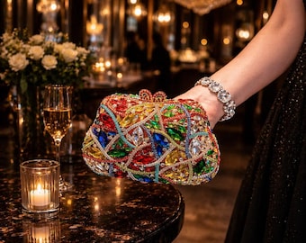 Luxury Swarovski Crystal Evening Clutch, Rhinestone Bow Bag, Gold Crystal Clutch, Multicolor Jewel Tone Bag, Bridal Wedding Party Purse