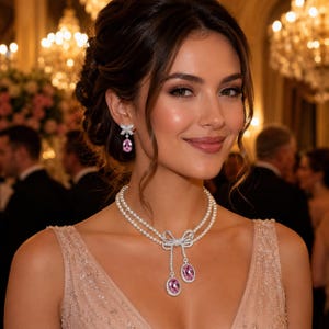 May include: A pearl necklace and matching earrings set with pink oval gemstones. The necklace features a bow design and two dangling gemstones. The earrings have a bow and a single gemstone. The jewelry is set against a blurred background.