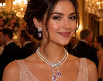 Conjunto de collar y pendientes de lujo Swarovski con lazo de perlas, joyería llamativa con cristales colgantes, elegante para gala, joyería formal de noche en rosa, azul y verde.