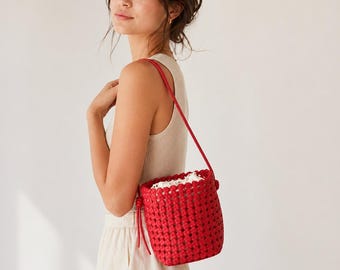 Handwoven Cowhide Leather Bucket Bag, Crossbody Shoulder Bag, Woven Leather Purse, Mini Summer Bag, Red White Black Green Pink Yellow Ginger