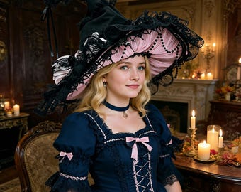 Handmade Gothic Lolita Witch Hat, Lace Halloween Cosplay Hat with Bow