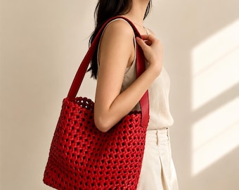 Red Satin Woven Tote Bag, Handmade Style Shoulder Bag with Matching Small Pouch, Luxury Red Handwoven Bag, Summer Beach Bag, Gift for Her