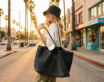 Handwoven Leather Tote Bag, Large Woven Shoulder Bag, Genuine Leather Hobo Purse, Minimalist Everyday Bag, Boho Tote with Canvas Inner Pouch
