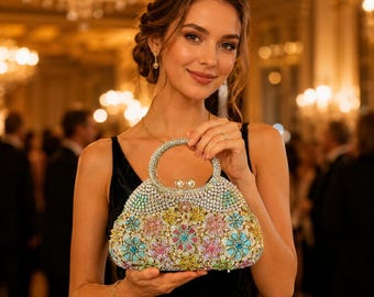 Swarovski Luxury Crystal Floral Evening Bag, Rhinestone Pearl Clutch Purse, Chain Handbag, Bridal Wedding Bag, Gala Party Statement Bag