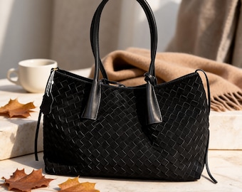 Handwoven Leather Tote Bag, Soft Genuine Leather Shoulder Bag