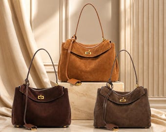 Suede Leather Tote Bag, Large Soft Leather Shoulder Bag, Brown Everyday Handbag, Minimalist Carryall