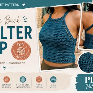 Puede incluir: Un patrón de ganchillo en PDF digital para un top halter con espalda cruzada en color verde azulado. El gráfico muestra el texto Cross Back HALTER TOP, DIY CROCHET y PDF Pattern, junto con fotos del top terminado.