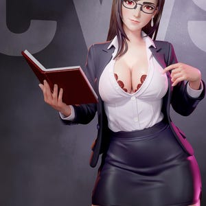 Puede incluir: Figura de una persona con camisa blanca abotonada, blazer negro y falda negra, sosteniendo un libro. La persona lleva gafas y tiene el pelo largo y castaño. El fondo es gris oscuro con las letras "CVS" en blanco.