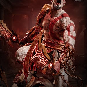 Pode incluir: Figura de ação detalhada de um personagem musculoso com marcas vermelhas e uma expressão feroz, empunhando uma lâmina vermelha e dourada brilhante. A figura está em uma pose dinâmica, pronta para a batalha, com uma corrente enrolada no braço. Fundo desfocado e escuro.