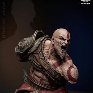 Pode incluir: Busto detalhado de um personagem musculoso e careca com uma marca vermelha no rosto e uma expressão gritante. A figura usa uma armadura de ombro ornamentada e uma vestimenta vermelha. O busto é rotulado como "BUST DESIGN" e "PRESUPPORT READY 1-6 SCALE".
