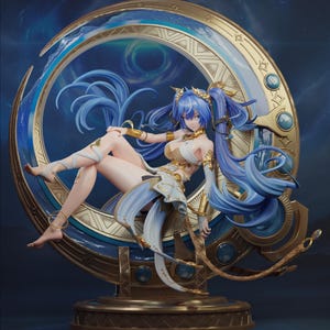 May include: A detailed figurine of a woman with long blue hair, adorned in a gold and white outfit, seated on a crescent moon-shaped structure. The figure is set against a dark blue background, with gold accents and intricate detailing.