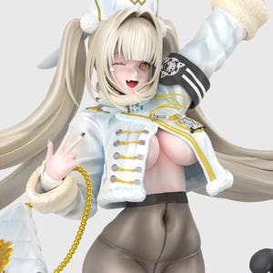 May include: A detailed figurine of a female anime character in a white and gold military-style outfit. The figure has blonde hair, a winking expression, and is wearing a hat and gloves with fur trim. The figure is also wearing sheer tights.
