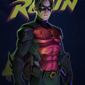 以下が含まれることがあります： 黒と赤のコスチュームに黄緑色のマントをまとった、スーパーヒーローのキャラクターのデジタルイラスト。キャラクターはマスクをしており、背景には「ROBIN」の文字が表示されています。