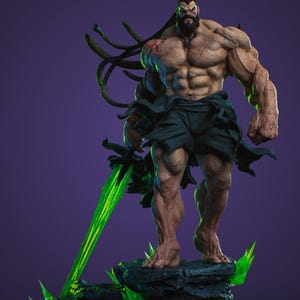May include: A muscular figure with a beard and topknot, clad in dark fabric, stands on a rocky base. He holds a glowing green sword. The figure has a red mark on his shoulder and is surrounded by green, spiky accents.