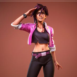 Puede incluir: Una figura renderizada en 3D de una persona con una chaqueta rosa, un top negro y pantalones negros. La figura está saludando con la mano derecha. La chaqueta tiene puños blancos y la figura lleva un reloj. El fondo es de color marrón liso.