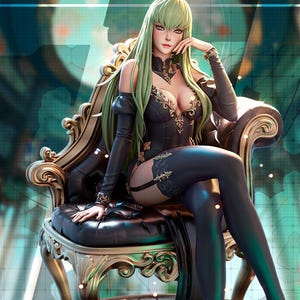 May include: A detailed 3D-printed figurine of a woman with long green hair, wearing a black dress and thigh-high stockings, seated on an ornate gold and black chair. The figurine is on a patterned base, with the text "FOR 3D PRINT" and "C.C." visible.