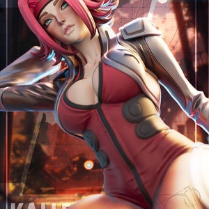 May include: A digital art piece of a female character with pink hair and a red and black bodysuit. The character is posed in a dynamic position, with a determined expression. The word "KALL" is visible at the bottom of the image.