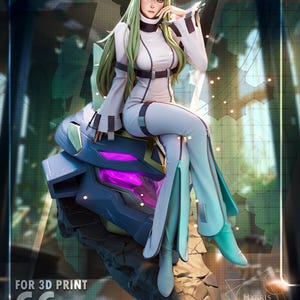 May include: A 3D-printed figurine of a character with long green hair, wearing a white and light blue outfit. The figure is seated on a futuristic, mechanical structure with purple accents. The text "FOR 3D PRINT C.C." is visible.