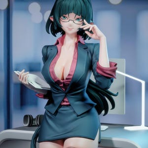 Puede incluir: Figura de una mujer con traje de negocios, sosteniendo un bloc de notas y usando gafas. La figura tiene cabello verde oscuro, un traje azul oscuro con detalles burdeos y una blusa rosa. La figura posa en un entorno de oficina.