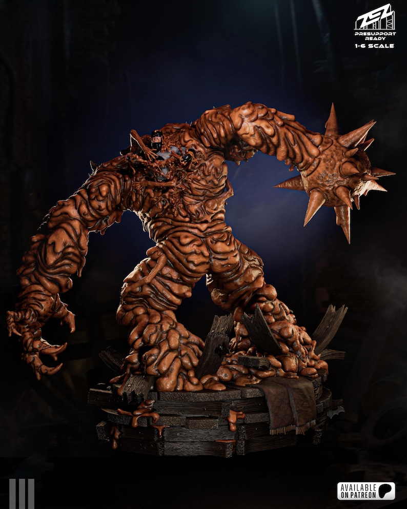 May include: A detailed, brown monster figurine with a textured, organic appearance. The figure has spiky protrusions on one arm and stands on a wooden platform. The image includes text that reads "PRESUPPORT READY 1-6 SCALE" and "AVAILABLE ON PATREON."