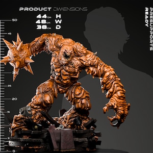 May include: A detailed orange Clayface statue, 44 cm high, 48 cm wide, and 38 cm deep. The figure has a textured, monstrous appearance with spiky protrusions. The image includes the text "CLAYFACE PRESUPPORTS READY" and "PRODUCT DIMENSIONS".