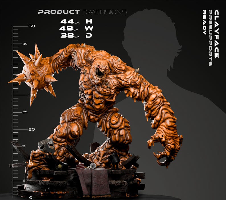 May include: A detailed orange Clayface statue, 44 cm high, 48 cm wide, and 38 cm deep. The figure has a textured, monstrous appearance with spiky protrusions. The image includes the text "CLAYFACE PRESUPPORTS READY" and "PRODUCT DIMENSIONS".