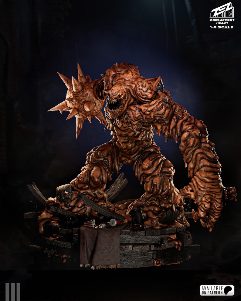 May include: A detailed, brown monster figurine with a spiky ball-like weapon. The figure is posed on a wooden platform with a dark background. The text "PRESUPPORT READY 1-6 SCALE" is visible.