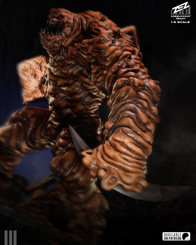 May include: A detailed, brown monster figure with a menacing expression, holding a silver blade. The figure has a textured, organic appearance. The image includes the text "PRESUPPORT READY 1-6 SCALE" and "AVAILABLE ON PATREON".