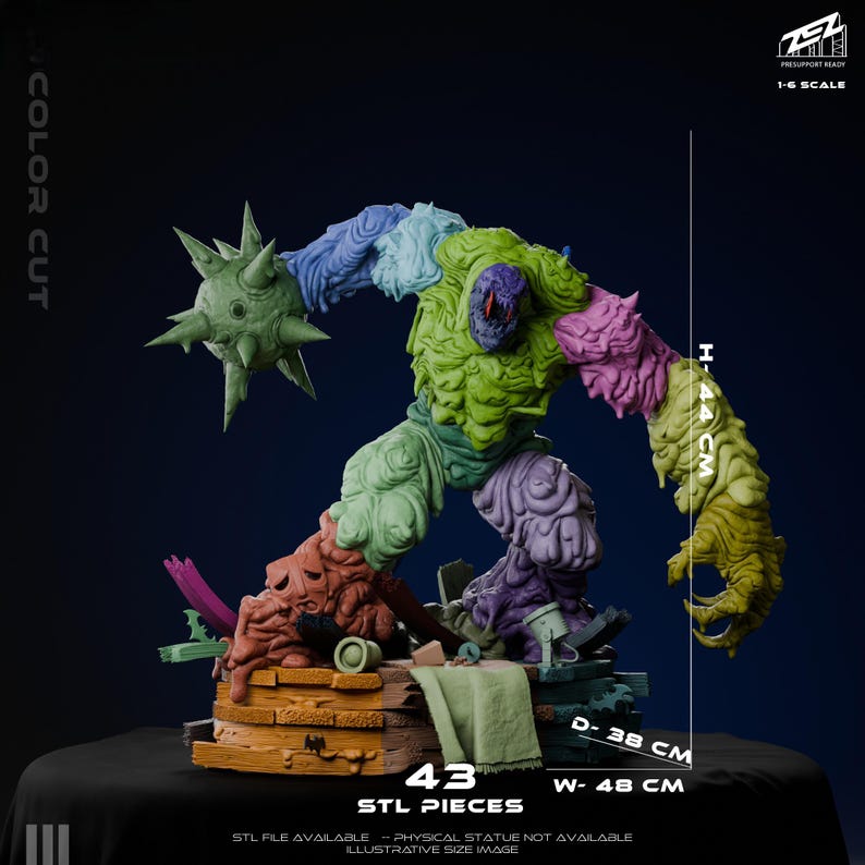 May include: A colorful monster figurine, approximately 18.9 inches wide, 15 inches deep, and 17.3 inches tall. The figure is segmented with various colors, including green, purple, and blue. The base features a wooden structure with a green cloth. The image includes the text "43 STL PIECES".