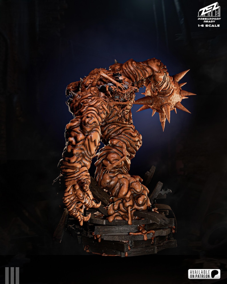 May include: A detailed, brown monster figurine with a textured, organic appearance. The figure has spiky protrusions and is posed on a wooden base. The text "PRESUPPORT READY 1-6 SCALE" is visible. "AVAILABLE ON PATREON" is also visible.
