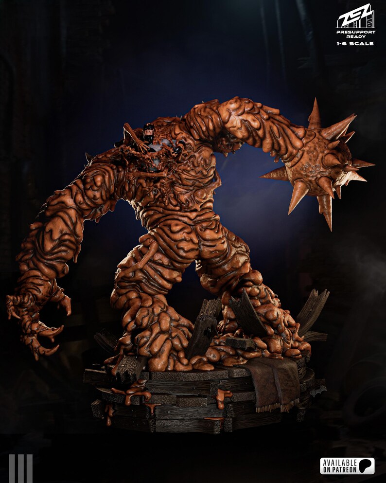 May include: A detailed, brown monster figurine with a textured, organic appearance. The figure has spiky protrusions on one arm and stands on a wooden platform. The image includes text that reads "PRESUPPORT READY 1-6 SCALE" and "AVAILABLE ON PATREON."
