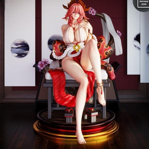 May include: A detailed figurine of a character with pink hair and a red and white outfit, seated on a small chair. The figure is adorned with intricate details, including gold accents and floral decorations. The base is a dark brown with gold trim.