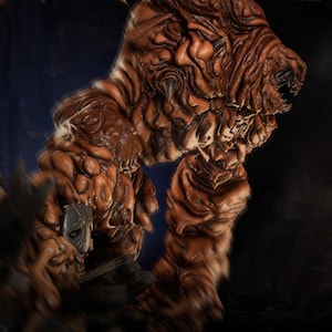 May include: A detailed 3D-rendered figure of a monstrous creature with a textured, reddish-brown hide. The figure has a menacing expression, with sharp teeth and a gaping mouth. The image includes the text "PRESUPPORT READY 1-6 SCALE" and "AVAILABLE ON PATREON".