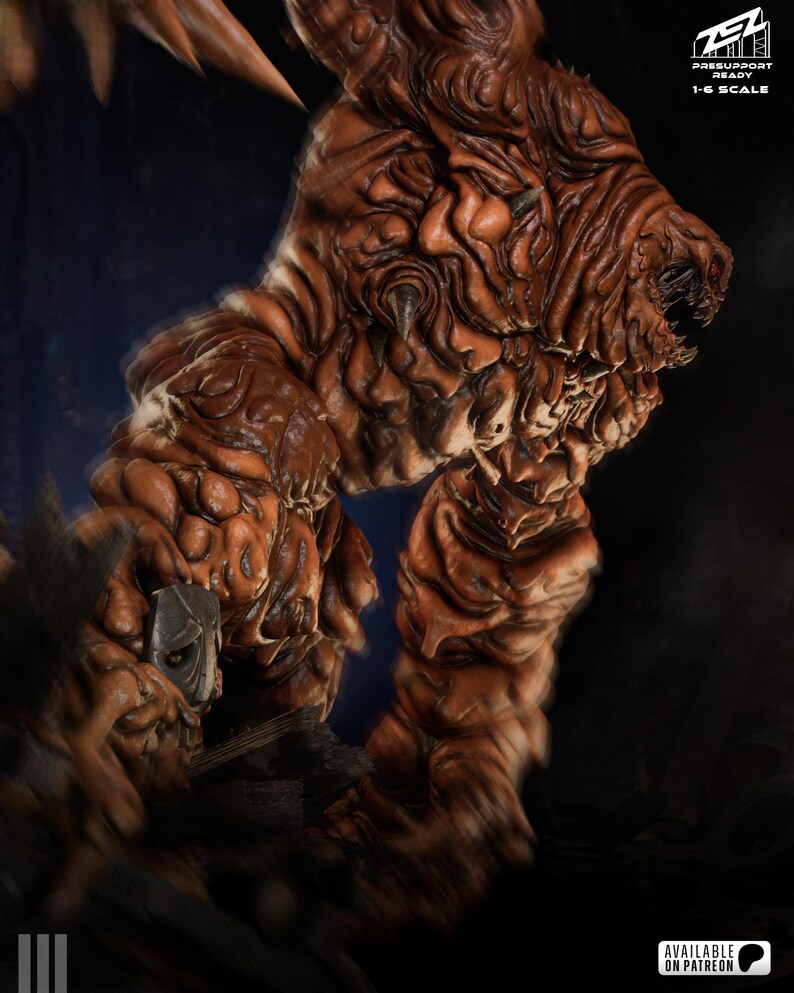 May include: A detailed 3D-rendered figure of a monstrous creature with a textured, reddish-brown hide. The figure has a menacing expression, with sharp teeth and a gaping mouth. The image includes the text "PRESUPPORT READY 1-6 SCALE" and "AVAILABLE ON PATREON".