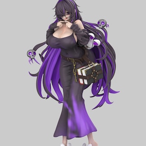 May include: A figurine of a woman with long, dark hair with purple highlights, wearing a black dress that fades to purple. She has glasses and is holding her fingers near her mouth. The figurine has a shoulder bag with books and a key, and is adorned with skull accents.
