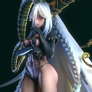 Peut inclure: Une figurine fantastique en 3D avec des cheveux blancs, des yeux rouges et des vêtements sombres. La figurine a une longue tresse blanche et est ornée d'accents dorés et turquoise. Le fond est vert foncé.