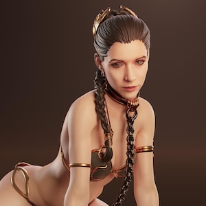 Puede incluir: Representación digital detallada de una persona con un bikini dorado y verde, con brazaletes a juego. La persona tiene cabello oscuro peinado con una diadema dorada y una trenza larga. También se ve un collar y una cadena oscuros.