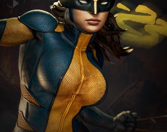 May include: A detailed figure of a character in a yellow and blue costume, with a mask and claws. The figure has a textured appearance and is posed dynamically. The image includes the text "AVAILABLE ON PATREON".