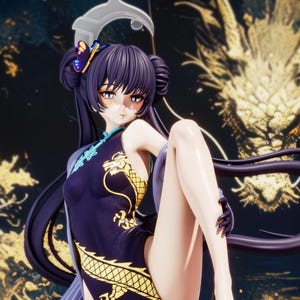 May include: A detailed figurine of a woman in a dark blue dress with gold dragon accents. Her dark hair is styled with decorative butterfly clips. The background features a golden dragon design.