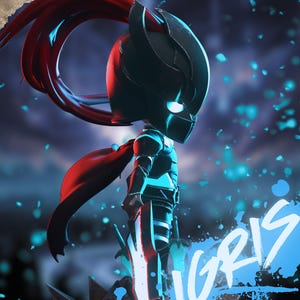 May include: A digital illustration of a character in dark armour with a red cape and flowing hair. The character has glowing white eyes and is holding a sword. The word "IGRIS" is written in blue.