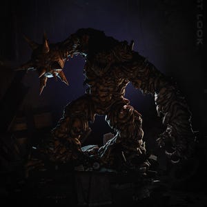 May include: A detailed, full-body image of a monstrous creature with a rough, textured, brown skin. The creature has a large, spiky head and a menacing expression. The image is dark, with the words "FIRST LOOK" in the upper right corner.