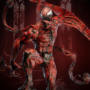 Puede incluir: Una figura de acción roja y negra detallada del personaje Carnage, posando dinámicamente. La figura es muy detallada, con definición muscular visible y zarcillos que se extienden desde el cuerpo. La figura está sobre una base de piedra. El texto en la imagen dice "PRESUPPORT READY 1-6 SCALE".
