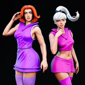 May include: Two statues of cartoon characters. One statue has red hair and wears a purple dress with matching knee-high socks. The other statue has white hair and wears a pink crop top and skirt with matching knee-high socks.