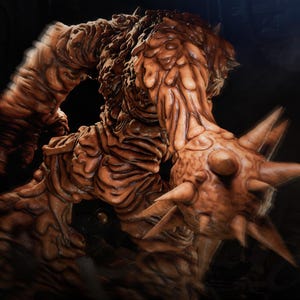 May include: A detailed, brown, 1-6 scale monster figure with a textured, organic appearance. The figure has spiky protrusions and a grotesque design. The image includes the text "PRESUPPORT READY 1-6 SCALE" and "AVAILABLE ON PATREON".