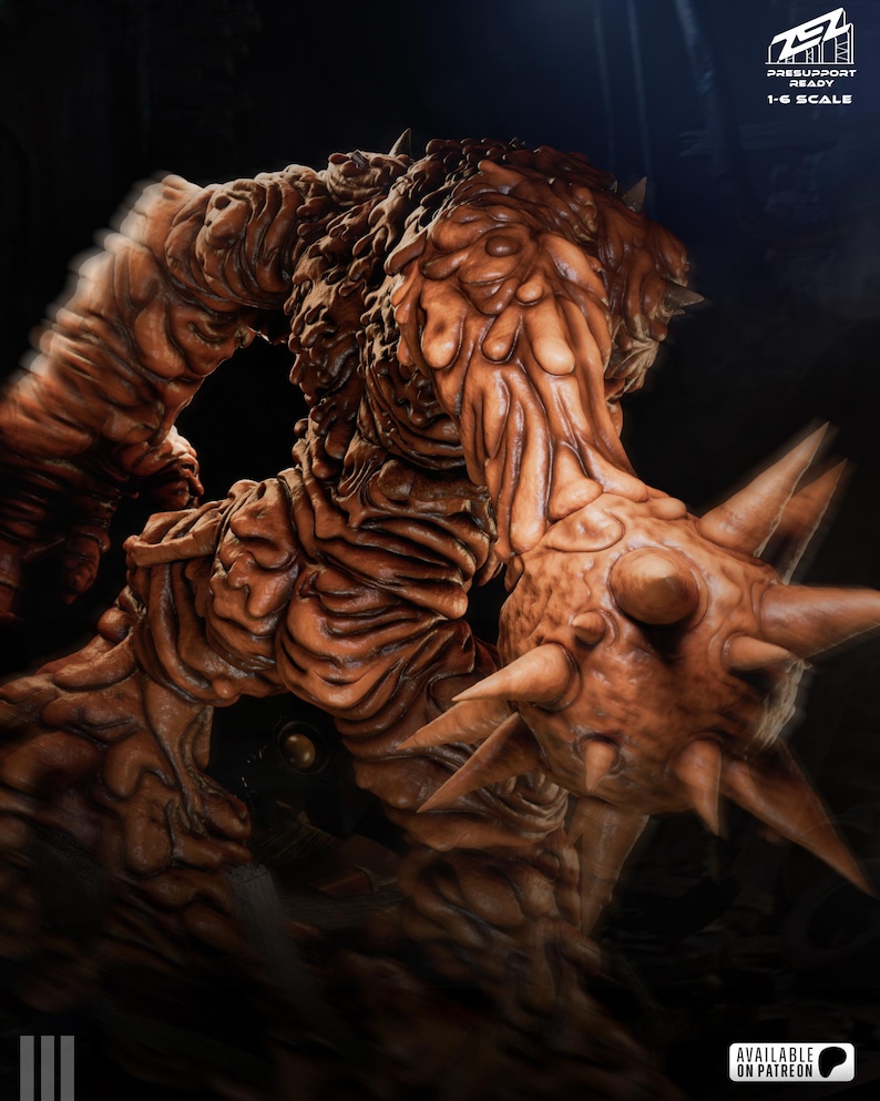 May include: A detailed, brown, 1-6 scale monster figure with a textured, organic appearance. The figure has spiky protrusions and a grotesque design. The image includes the text "PRESUPPORT READY 1-6 SCALE" and "AVAILABLE ON PATREON".